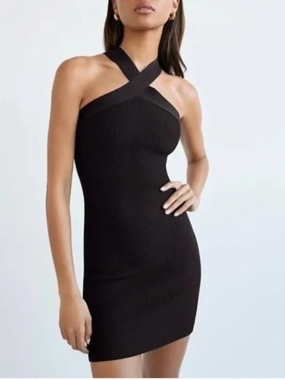 Aritzia Babaton Sculpt Knit Criss Cross Dress Black Ribbed Size Extra Small